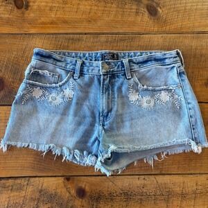 Abercrombie & Fitch Womens Blue Denim Frayed Hem Shorts Floral Concert Summer 10